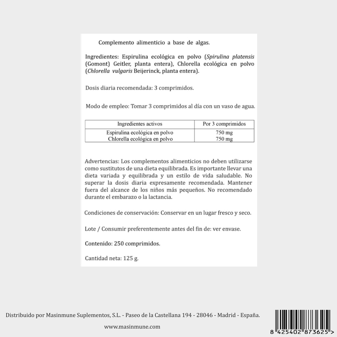 ESPIRULINA + CHLORELLA - 250 Comprimidos