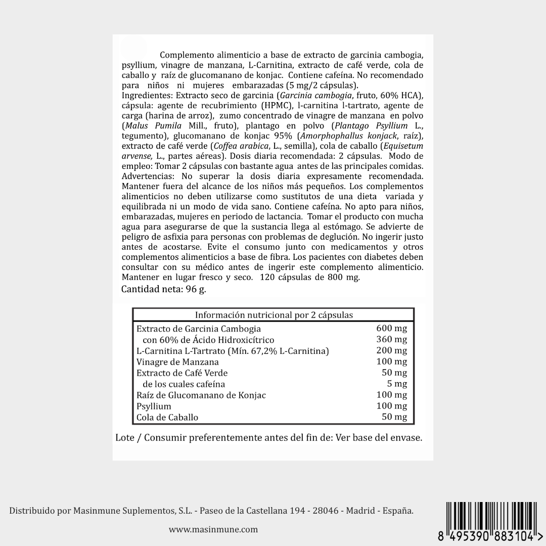 GARCINIA CAMBOGIA + VINAGRE DE MANZANA - 120 Cápsulas