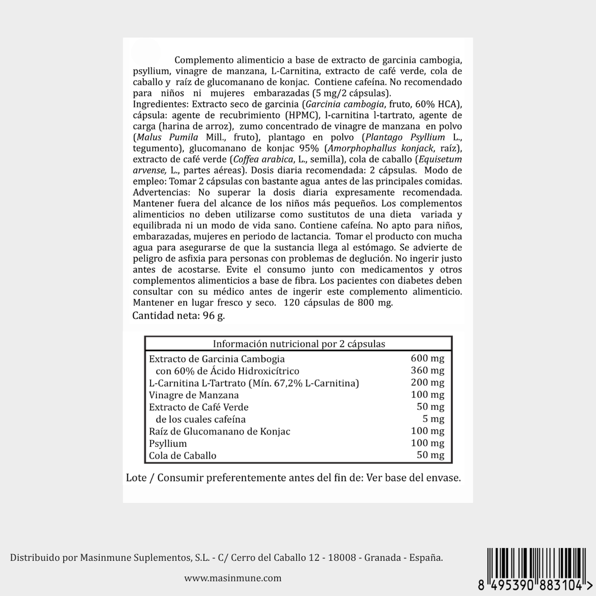GARCINIA CAMBOGIA + VINAGRE DE MANZANA - 120 Cápsulas