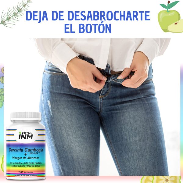 Fórmula adelgazante y de control de peso para mujer con garcinia cambogia, vinagre de manzana, psyllium, l-carnitina, café verde, glucomanano de konjac y cola de caballo.