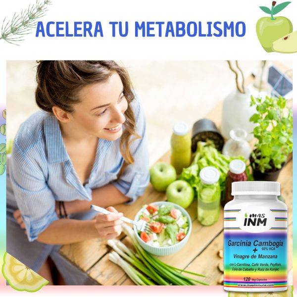 Fórmula adelgazante y de control de peso para mujer con garcinia cambogia, vinagre de manzana, psyllium, l-carnitina, café verde, glucomanano de konjac y cola de caballo.