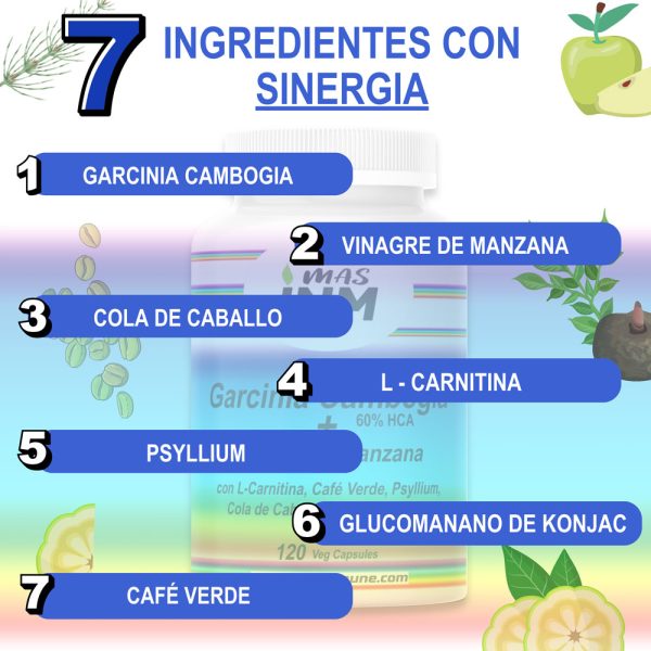 Fórmula adelgazante y de control de peso para mujer con garcinia cambogia, vinagre de manzana, psyllium, l-carnitina, café verde, glucomanano de konjac y cola de caballo.