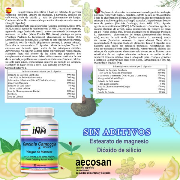 Fórmula adelgazante y de control de peso para mujer con garcinia cambogia, vinagre de manzana, psyllium, l-carnitina, café verde, glucomanano de konjac y cola de caballo.