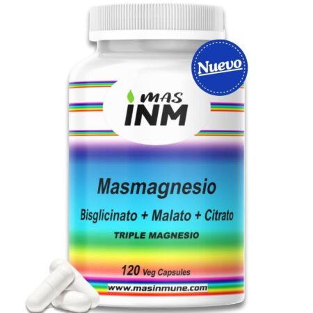 Envase del suplemento Masmagnesio Triple Magnesio con citrato, malato y bisglicinato para energía, sistema nervioso y músculos.
