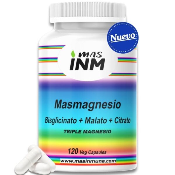 Envase del suplemento Masmagnesio Triple Magnesio con citrato, malato y bisglicinato para energía, sistema nervioso y músculos.