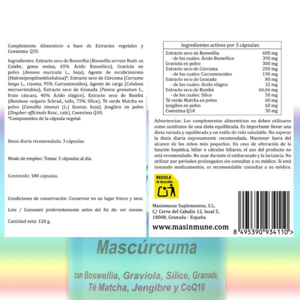 MASCÚRCUMA, suplemento antiinflamatorio natural en cápsulas.
