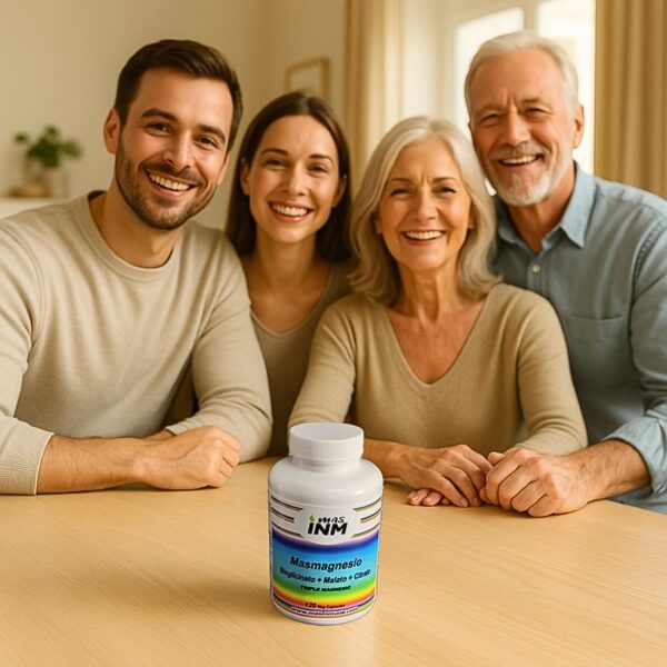 Envase del suplemento Masmagnesio Triple Magnesio con citrato, malato y bisglicinato para energía, sistema nervioso y músculos.