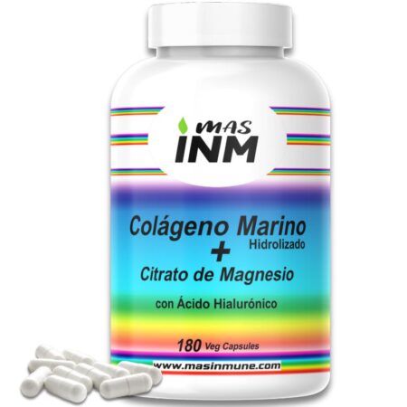 Envase de 180 cápsulas de colágeno marino hidrolizado con citrato de magnesio y ácido hialurónico de Masinmune.