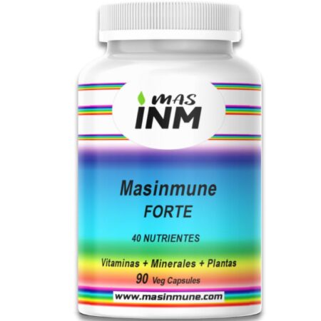Envase de Masinmune Forte, multivitamínico premium con 40 nutrientes esenciales, 90 cápsulas, para 3 meses, sin aditivos químicos.