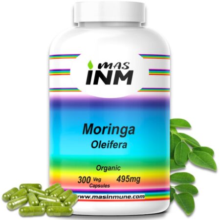 Cápsulas de Moringa Masinm Oleifera 495 mg en frasco de 300 unidades, ricas en antioxidantes.