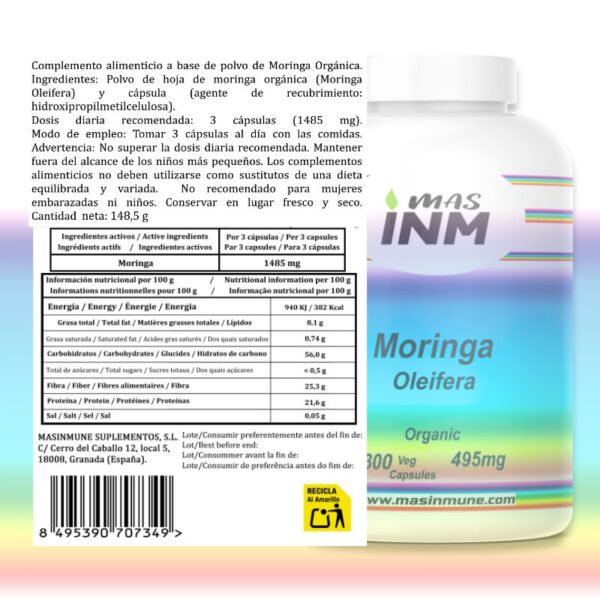 Moringa Oleifera 495 mg - 300 cápsulas antioxidantes para la salud digestiva y cardiovascular.