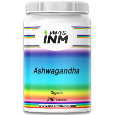 Envase de suplemento Ashwagandha orgánica, 300 cápsulas, sin aditivos químicos ni estearato de magnesio