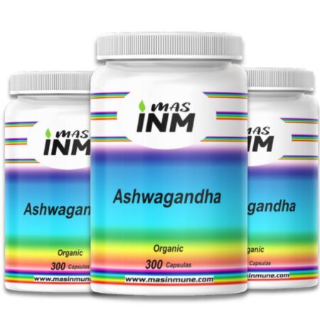 Envase de suplemento Ashwagandha orgánica, 300 cápsulas, sin aditivos químicos ni estearato de magnesio Masinmune