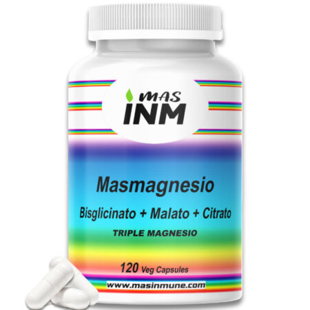 Envase del suplemento Masmagnesio Triple Magnesio con citrato, malato y bisglicinato para energía, sistema nervioso y músculos.