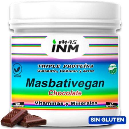 Envase del suplemento Masbativegan, fórmula vegana con vitaminas, minerales y aminoácidos para deportistas. Sin gluten