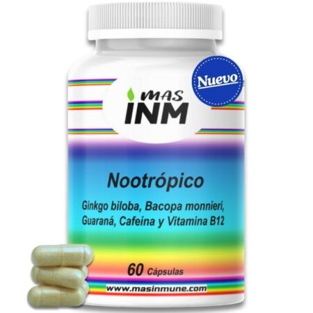 Nootrópico MASINM complemento alimenticio con ginkgo biloba bacopa guaraná cafeína y vitamina B12 para concentración y energía mental. Masinmune