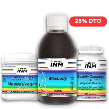 Pack Masinmune para control de peso y pérdida de grasa con proteína vegetal, garcinia cambogia y suplemento metabólico.