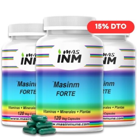 Suplemento MASINM FORTE con 27 componentes naturales: vitaminas, minerales, plantas, aminoácidos, bromelina y própolis. Masinmune