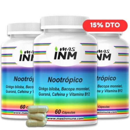 Nootrópico MASINM complemento alimenticio con ginkgo biloba bacopa guaraná cafeína y vitamina B12 para concentración y energía mental. Masinmune