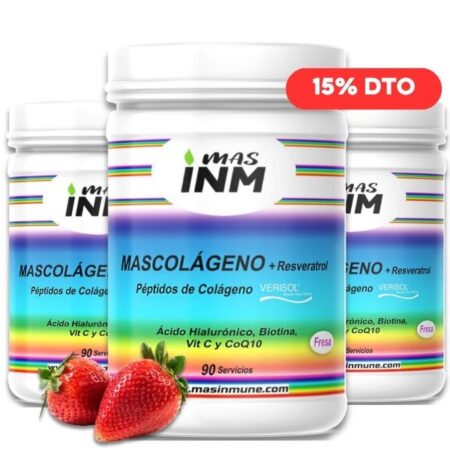 Mascolágeno Masinmune con VERISOL®, resveratrol, ácido hialurónico, biotina, vitamina C y CoQ10 sabor fresa