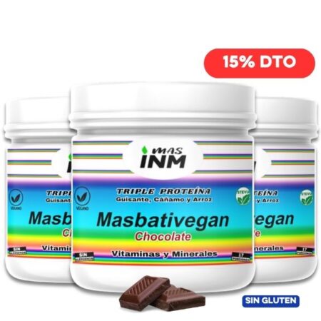 Envase del suplemento Masbativegan, fórmula vegana con vitaminas, minerales y aminoácidos para deportistas.