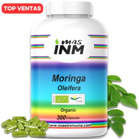 Cápsulas de Moringa Masinm Oleifera 495 mg en frasco de 300 unidades, ricas en antioxidantes.